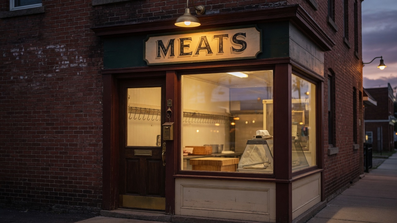 A small independent neighborhood butcher shop at twilight with a brass pendant lamp and a single lit window.
