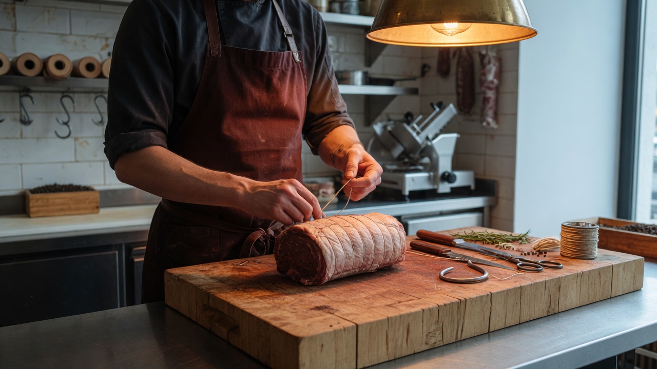 A butcher in a dark oxblood apron ties twine around a rolled pork roast on a thick wooden butcher block, under a warm brass pendant lamp, with a slicer and hanging charcuterie behind.