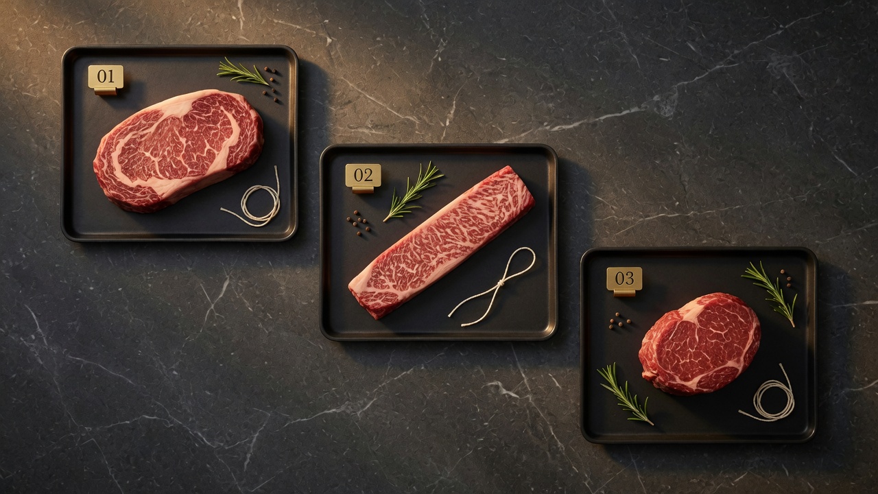 Overhead view of three dark steel trays on charcoal stone, each holding a raw beef cut with a small brass number tag: 01 a marbled ribeye, 02 a strip of richly marbled sirloin, 03 a round sirloin cap, garnished with rosemary and twine.