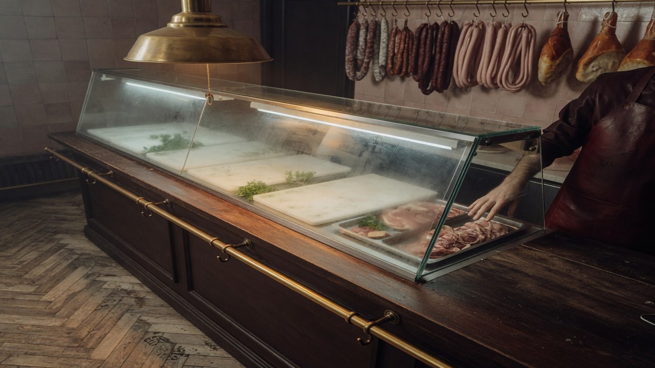 The butcher counter at opening — long dark wood, glass case slightly steamed, brass pendant lamp casting a warm pool over marble trays of charcuterie, a hand reaching in from the right.