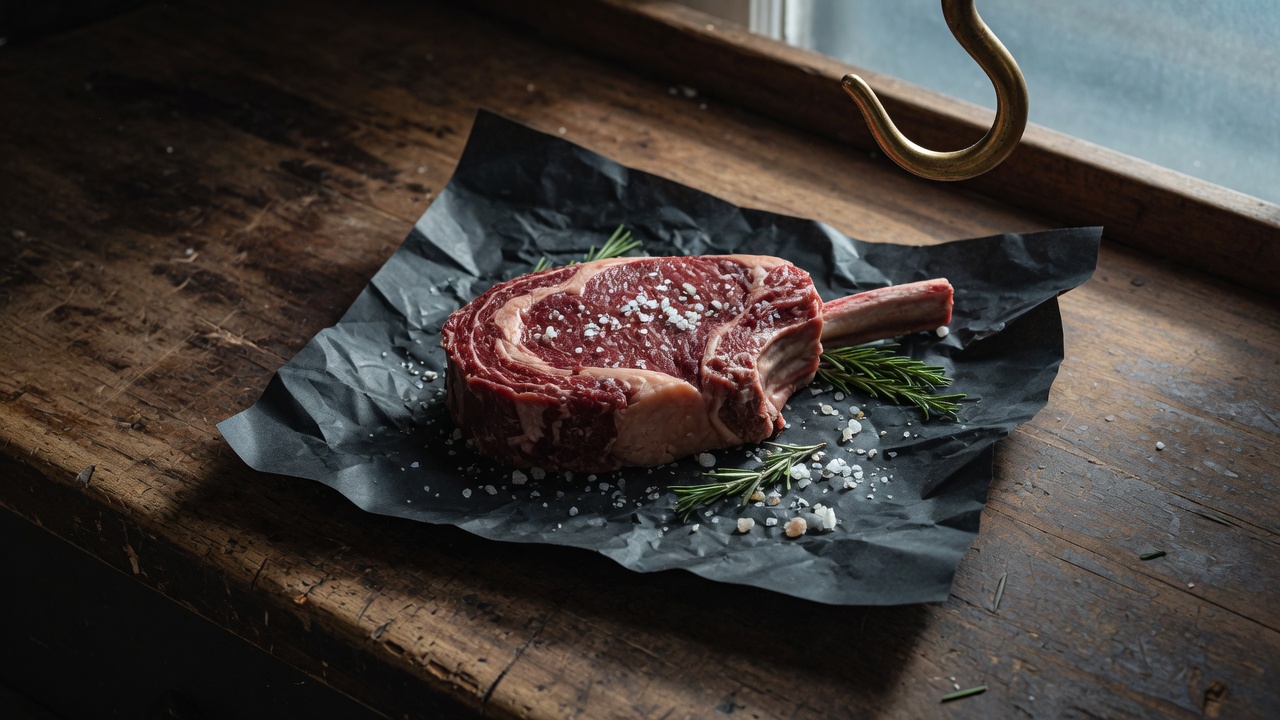 A thick bone-in ribeye steak scattered with flake salt and rosemary, resting on crumpled black butcher paper on a worn wooden counter, with a brass meat hook hanging above.