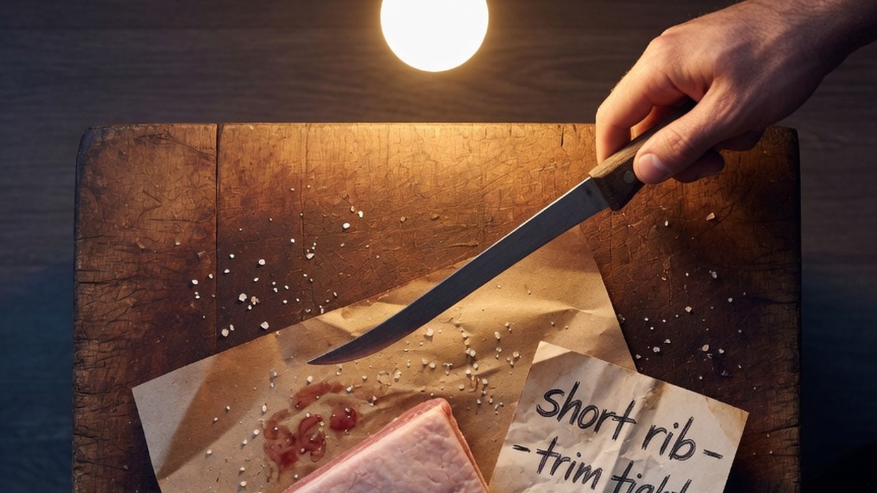 Overhead shot of a butcher's breakdown station at dawn — boning knife above a trimmed primal on parchment paper, scattered salt and rosemary, grease-pencil note.