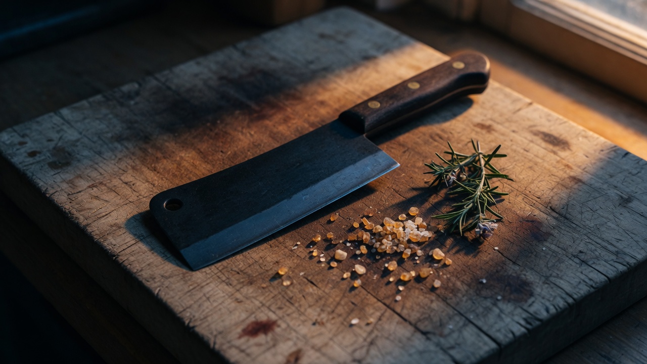 A heavy carbon-steel cleaver resting on a worn wooden butcher block with scattered salt and rosemary.