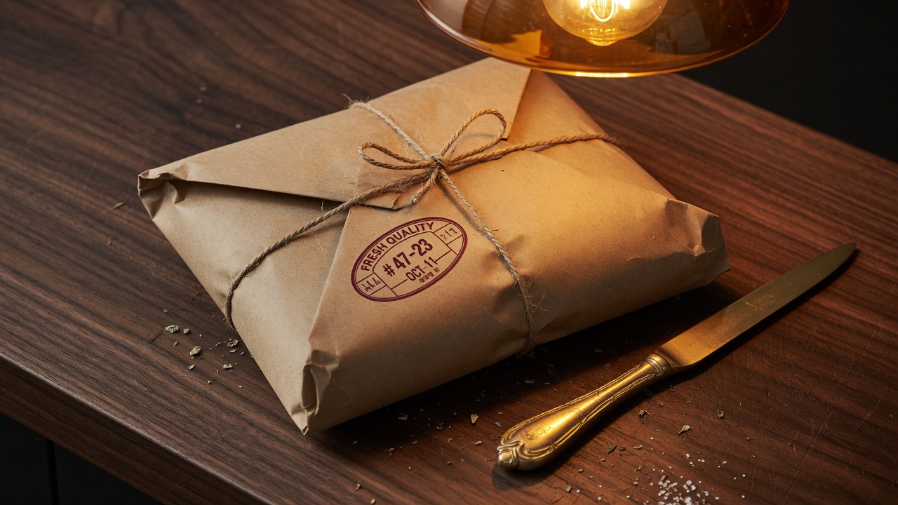 A wrapped butcher paper parcel tied with twine, marked with a grease-pencil stamp.