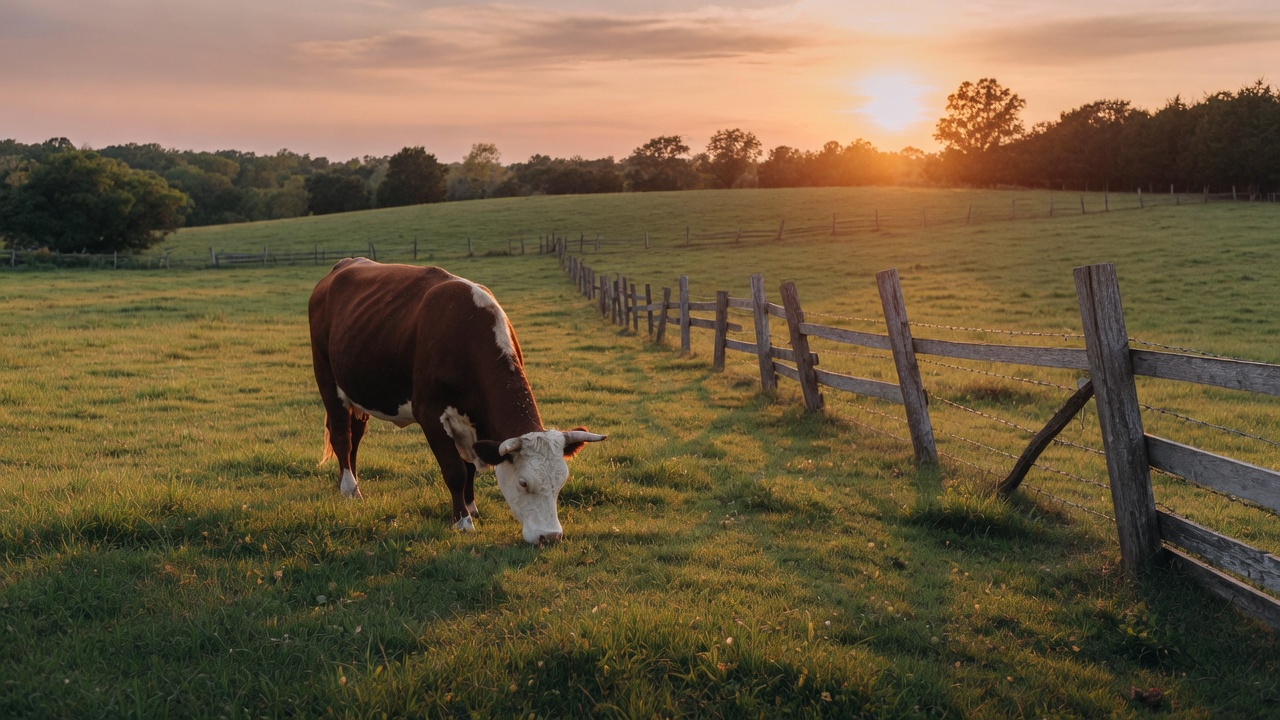A single cow grazing in a green pasture at golden hour, with rolling hills and weathered fence posts.