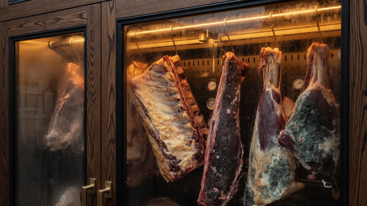 A dry-aging cabinet with hanging primal beef cuts, condensation on the glass, amber interior lighting.