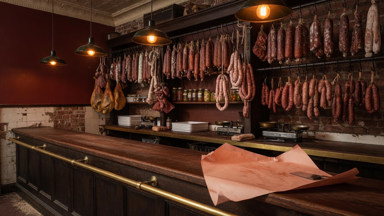 The customer side of a butcher counter with brass rail, hanging sausages and cured meats behind.